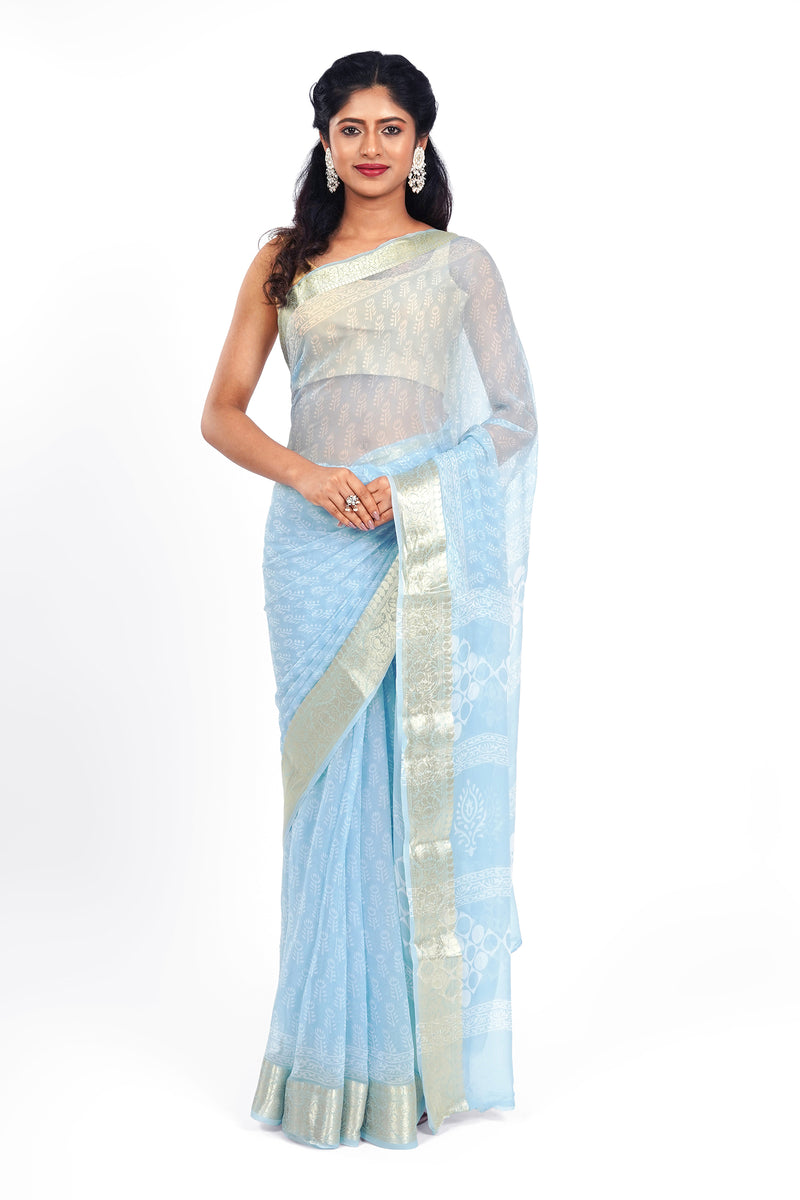 Azure Sky Blue Block Print Chiffon Saree Teejh