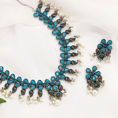 Niranjana Light Blue Stone Silver Oxidized Necklace Set - Teejh