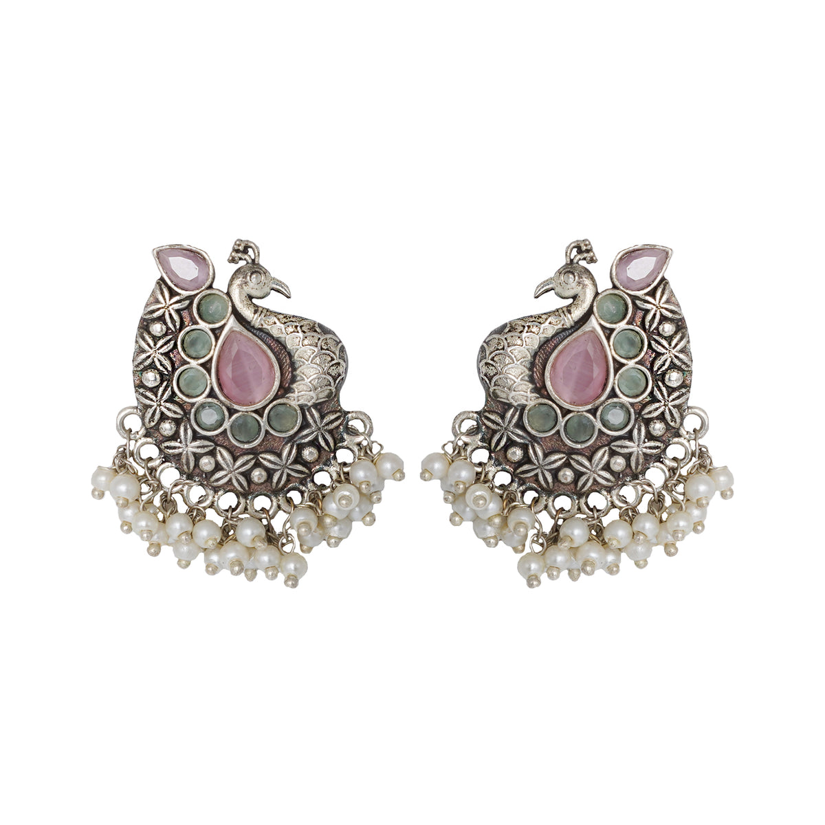 PIRI♡ Shop Teejh Nirali Pink & White Silver Oxidised Earrings For