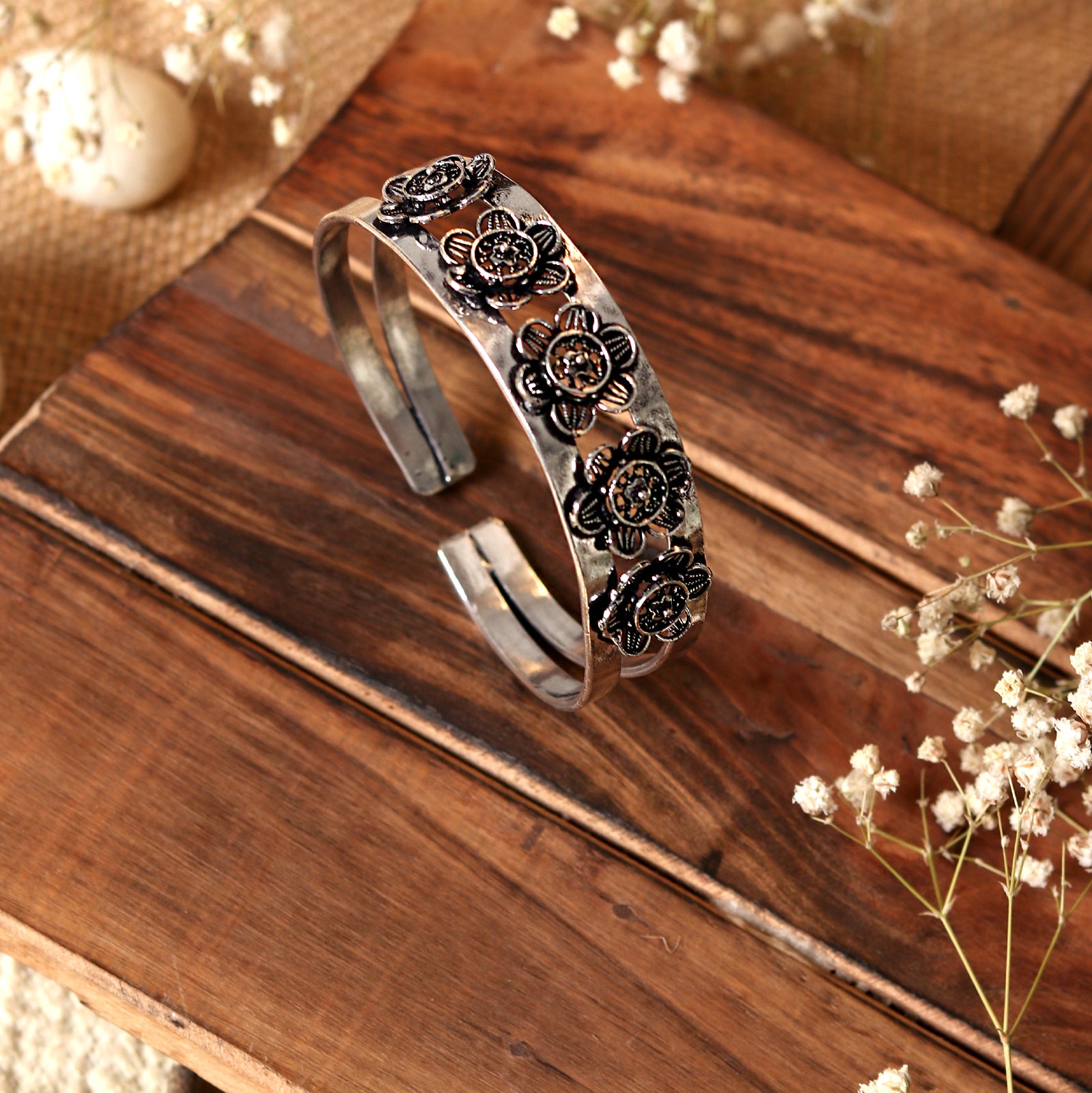 Shop Teejh Raavee Silver Oxidised Bracelet Cuff for Women
