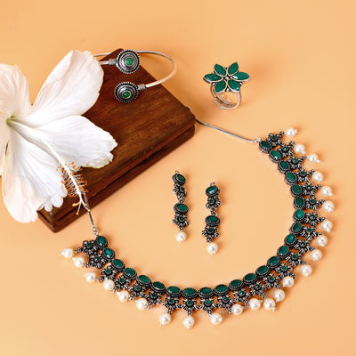 Urmi Green Silver Oxidized Jewelry Gift Set - Teejh