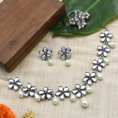 Teejh Sitaara polki stone silver oxidized jewellery gift set - Teejh