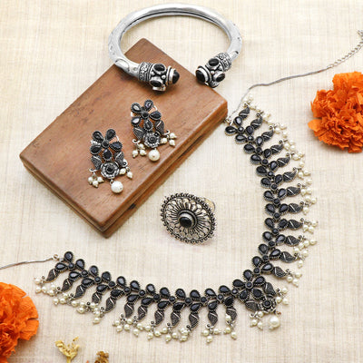 Teejh Zoya black stone silver oxidized jewellery gift set - Teejh