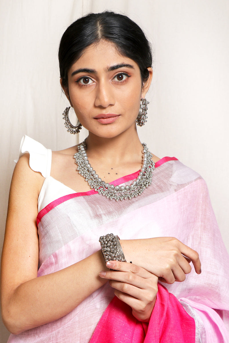 Teejh Pink Linen Saree Jewelry Gift Set Online for Women