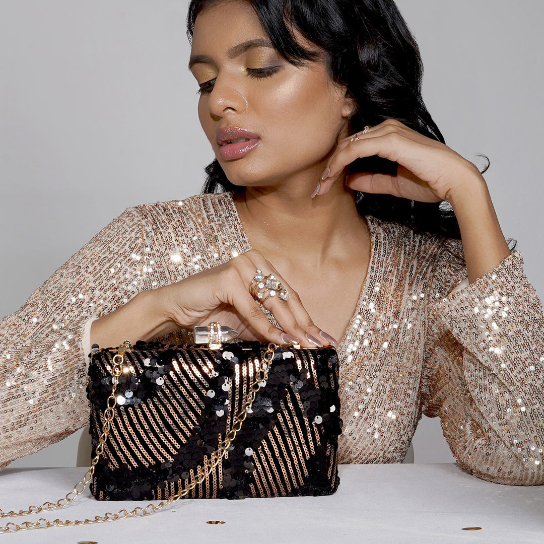 Cielle Black and Rose Gold Sequin Clutch