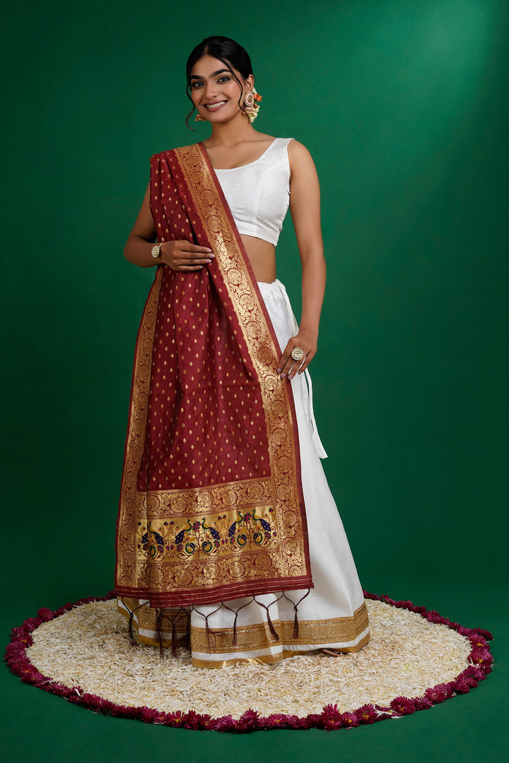 Teejh Chandira Burgundy Banarasi Dupatta