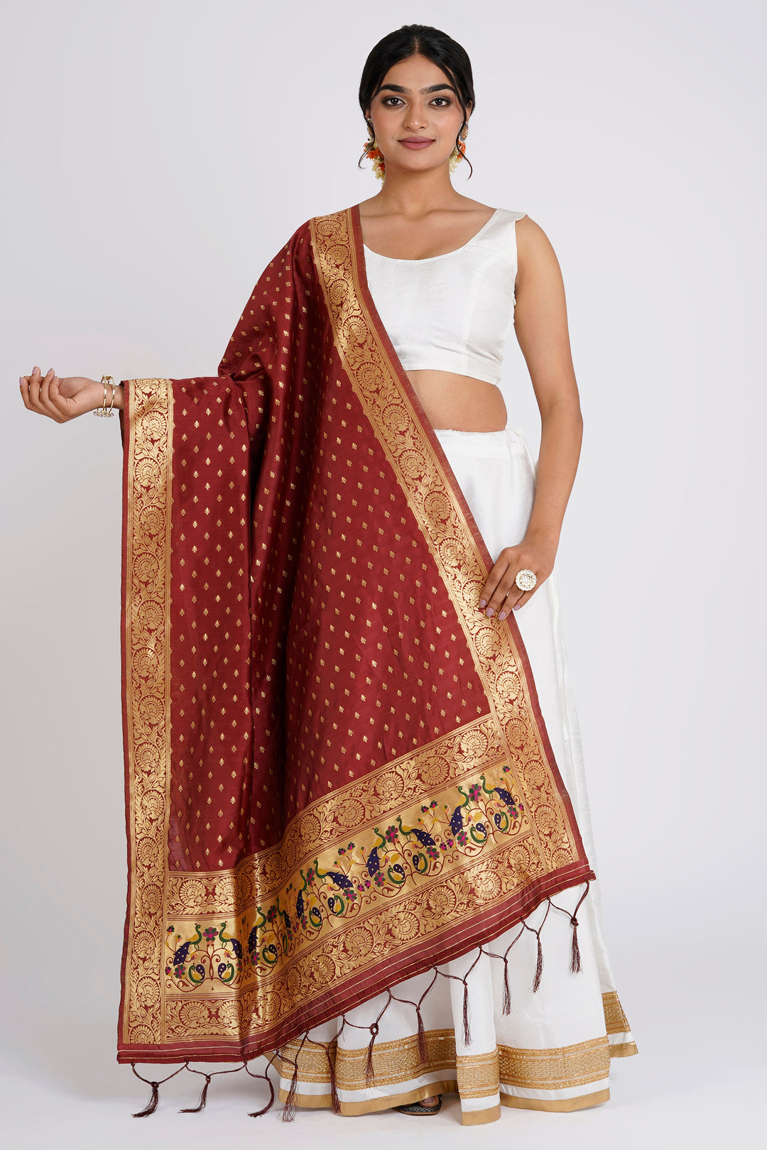 Teejh Chandira Burgundy Banarasi Dupatta