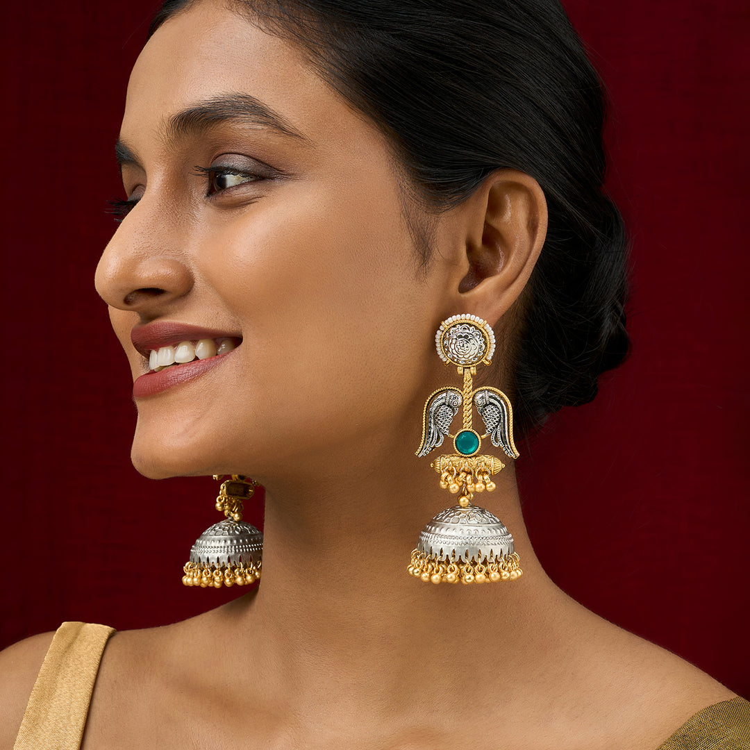 Teejh Tariqa Green Stone Dual Tone  Jhumkas