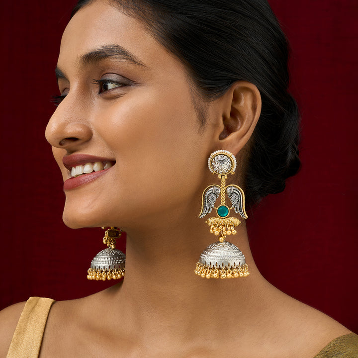 Teejh Tariqa Green Stone Dual Tone  Jhumkas