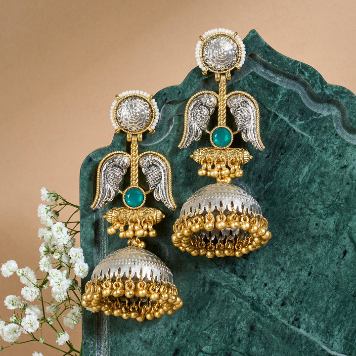 Teejh Tariqa Green Stone Dual Tone  Jhumkas