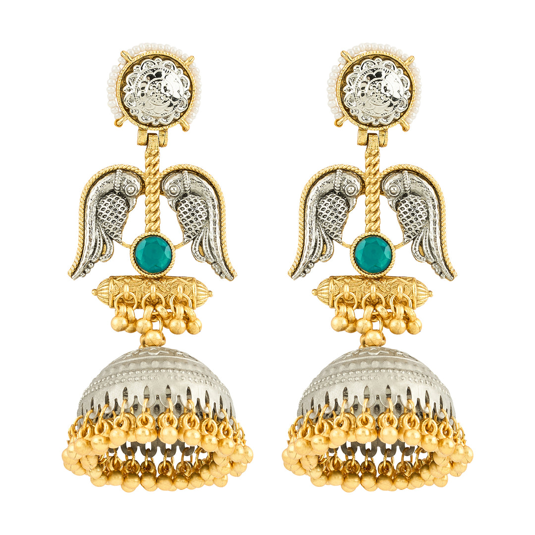 Teejh Tariqa Green Stone Dual Tone  Jhumkas