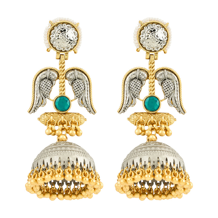 Teejh Tariqa Green Stone Dual Tone  Jhumkas