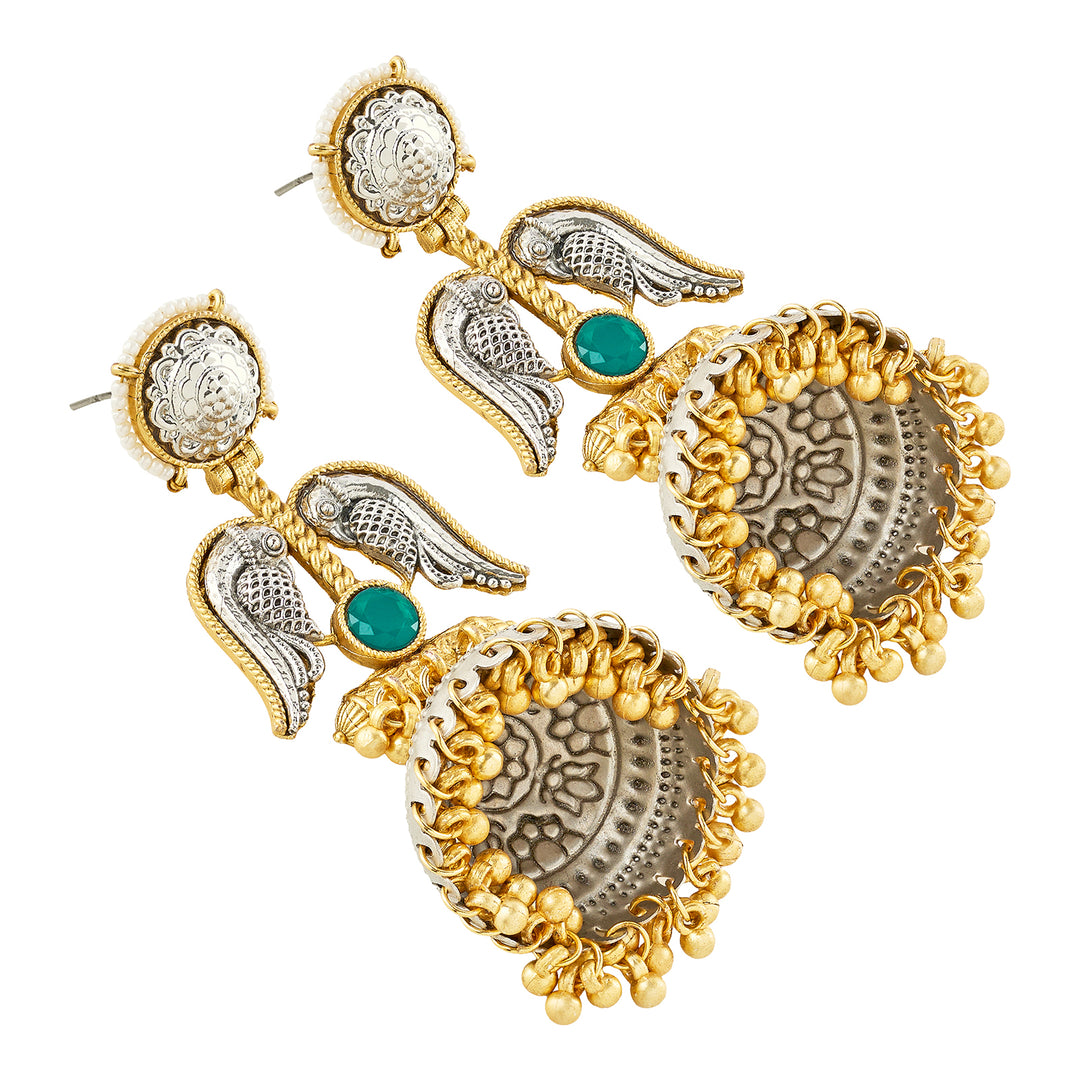 Teejh Tariqa Green Stone Dual Tone  Jhumkas