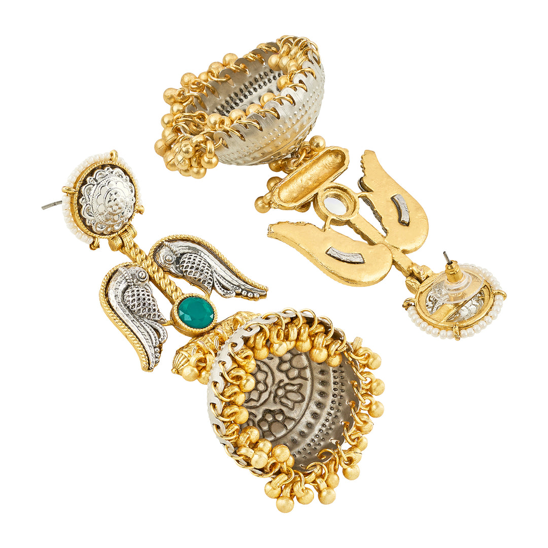Teejh Tariqa Green Stone Dual Tone  Jhumkas