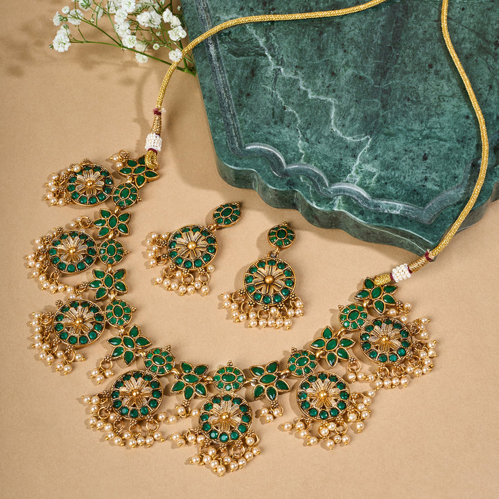 Teejh Selene Gold Pearl Green Necklace Set