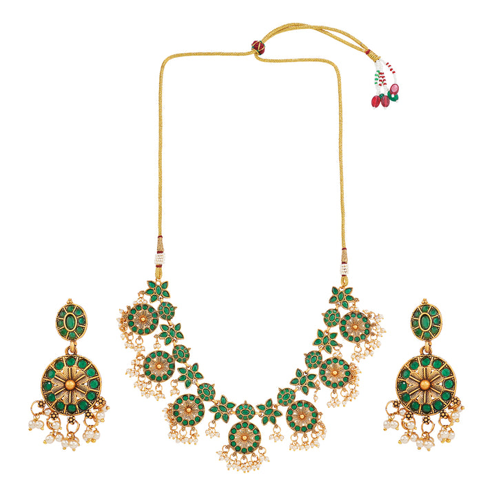 Teejh Selene Gold Pearl Green Necklace Set