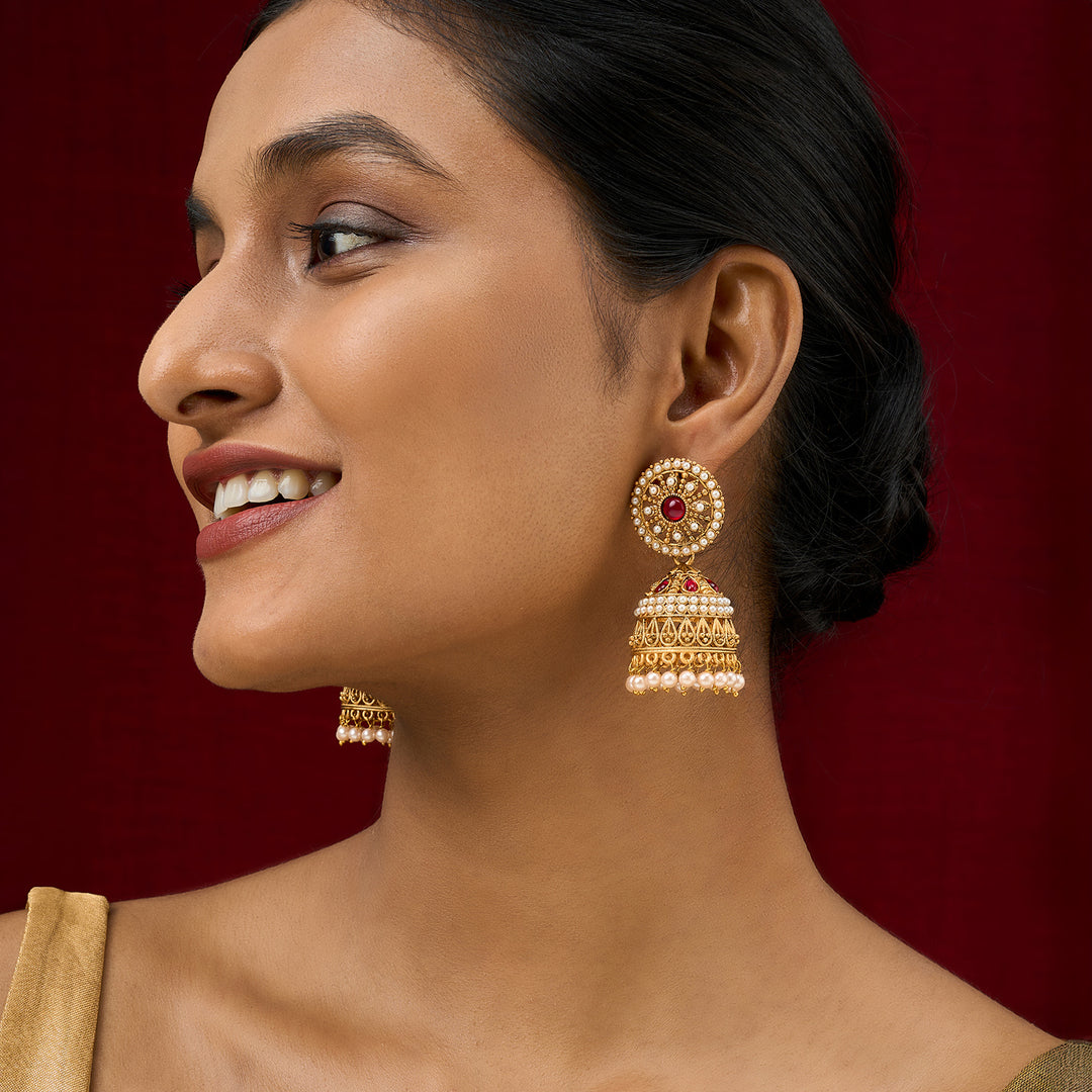 Teejh Hiran Gold Red Jhumka