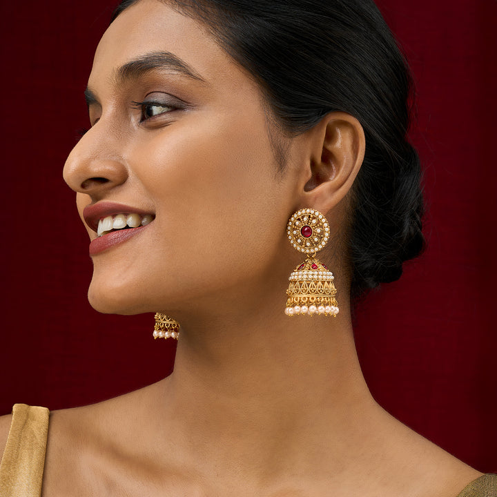 Teejh Hiran Gold Red Jhumka