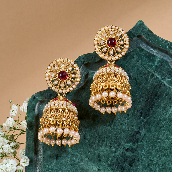 Teejh Hiran Gold Red Jhumka