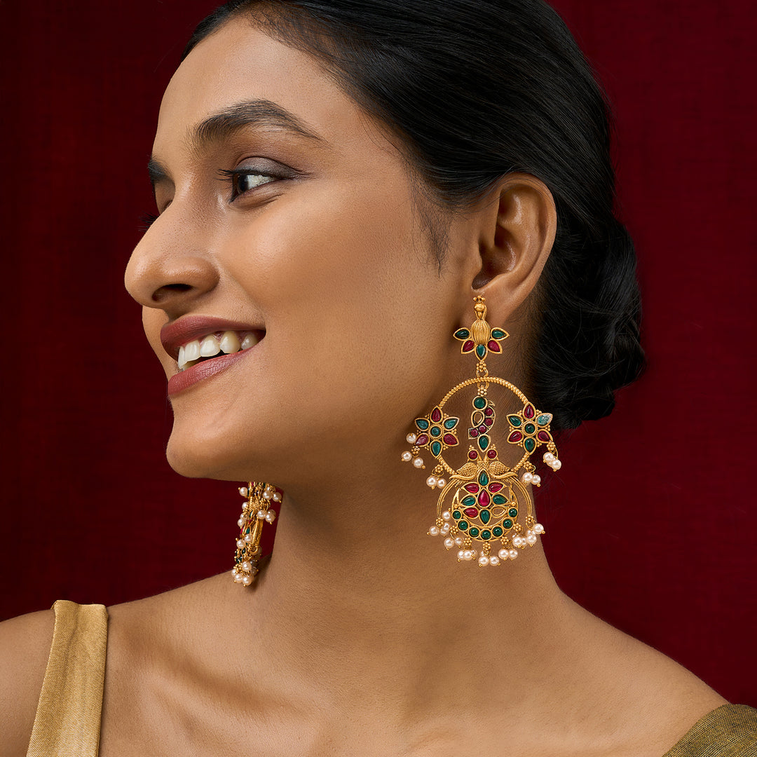 Teejh Mayi Gold Red and Green Danglers