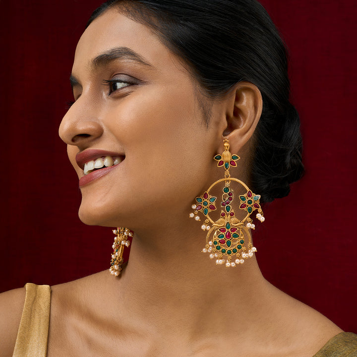 Teejh Mayi Gold Red and Green Danglers