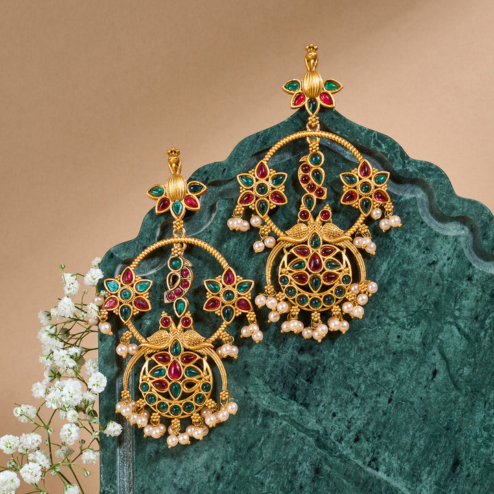 Teejh Mayi Gold Red and Green Danglers