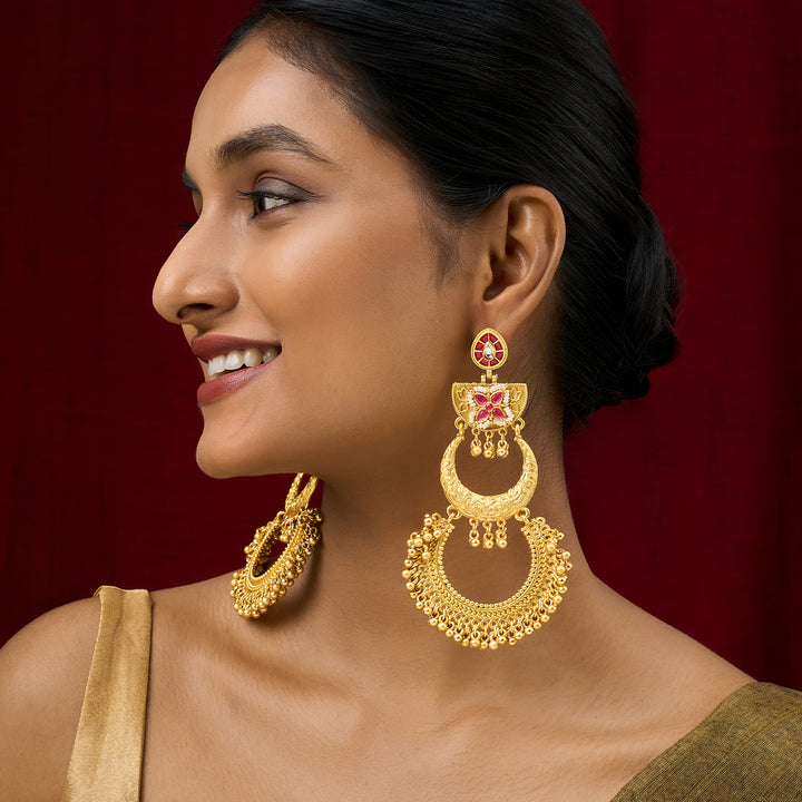 Teejh Aarzaa Gold Ghungroo Red Stone Chandbali