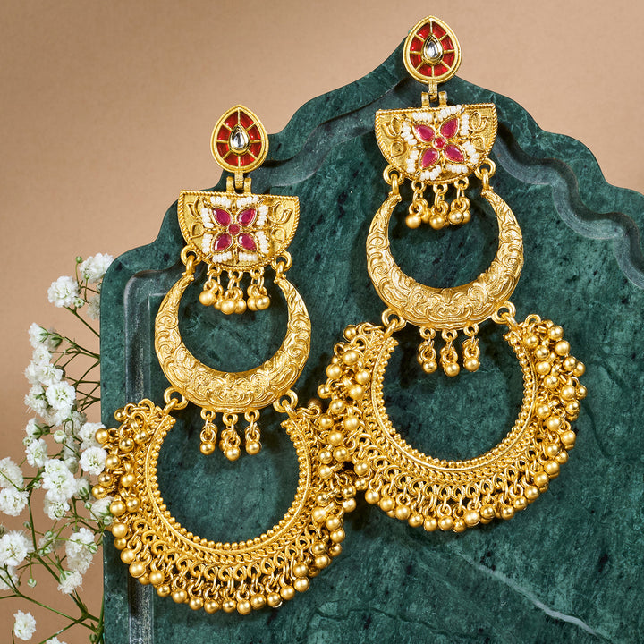 Teejh Aarzaa Gold Ghungroo Red Stone Chandbali