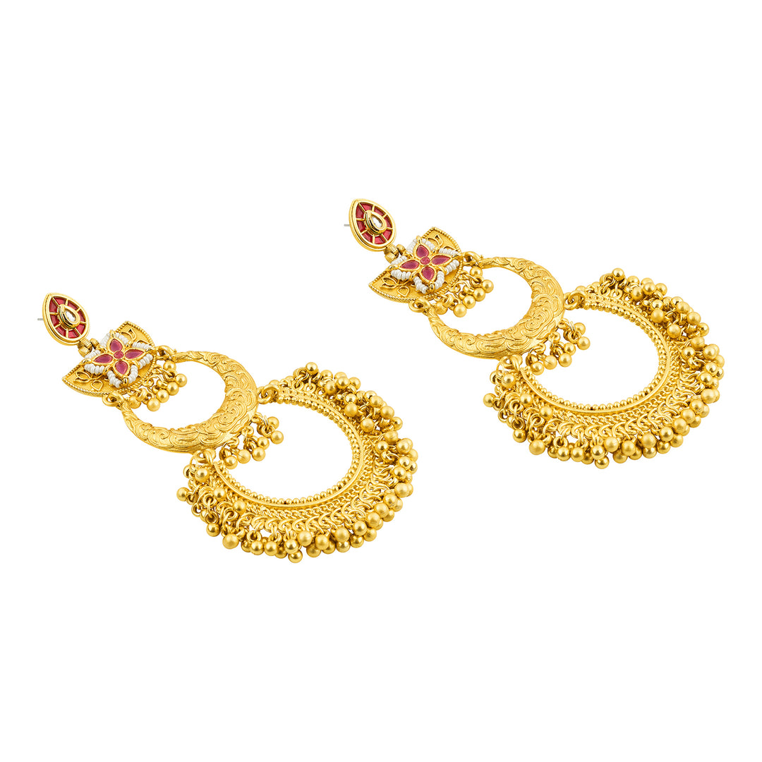 Teejh Aarzaa Gold Ghungroo Red Stone Chandbali