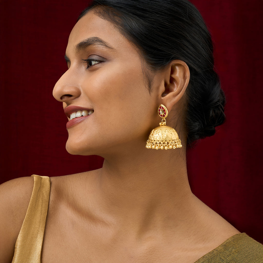 Teejh Durva Gold and Red Ghungroo Jhumkas