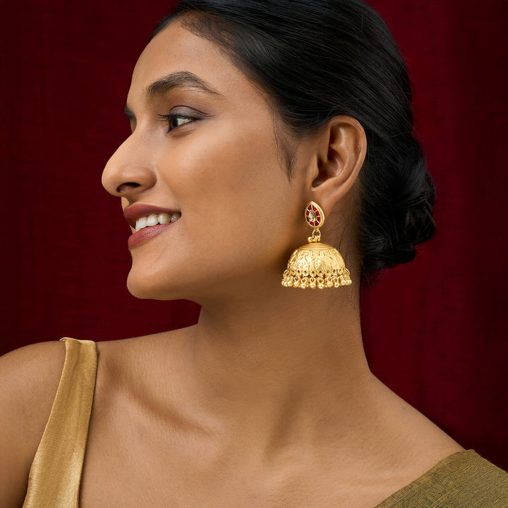 Teejh Durva Gold and Red Ghungroo Jhumkas