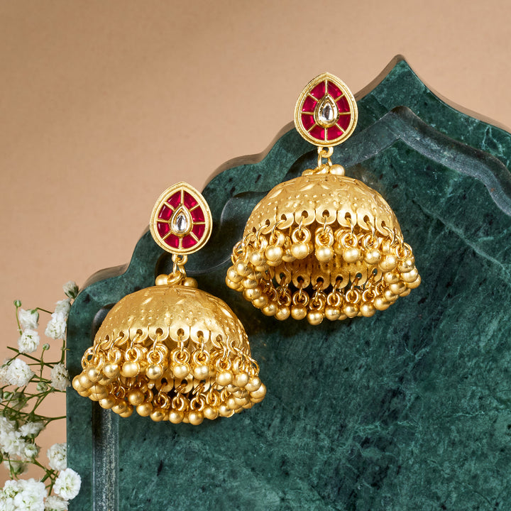 Teejh Durva Gold and Red Ghungroo Jhumkas