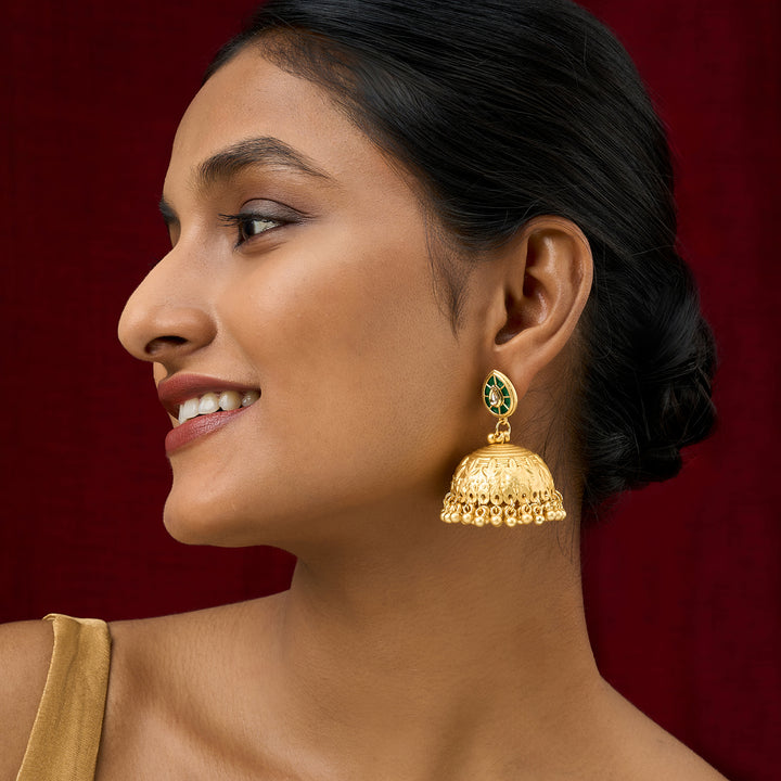 Teejh Durva Gold and Green Ghungroo Jhumkas