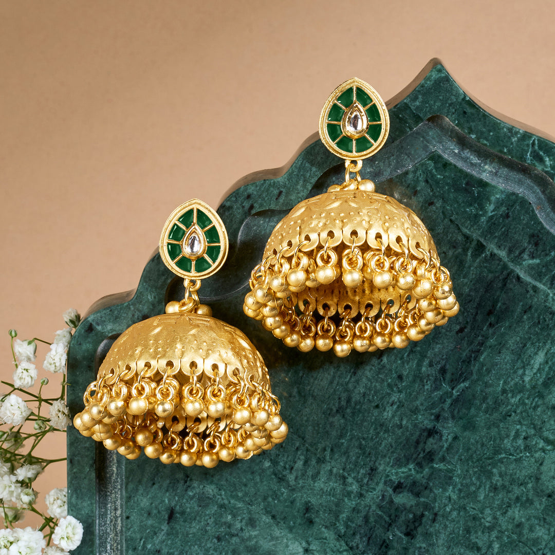 Teejh Durva Gold and Green Ghungroo Jhumkas