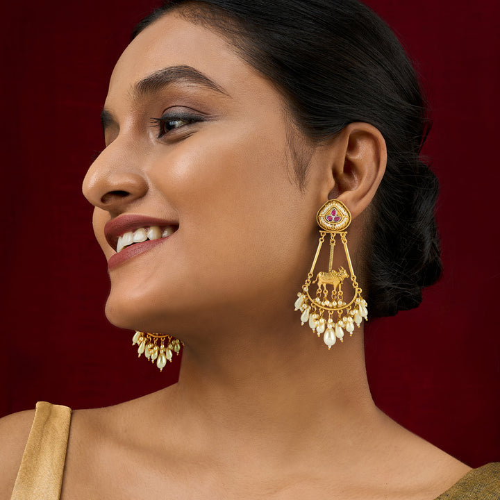 Teejh Bhuv Gold and Red Pearls Danglers