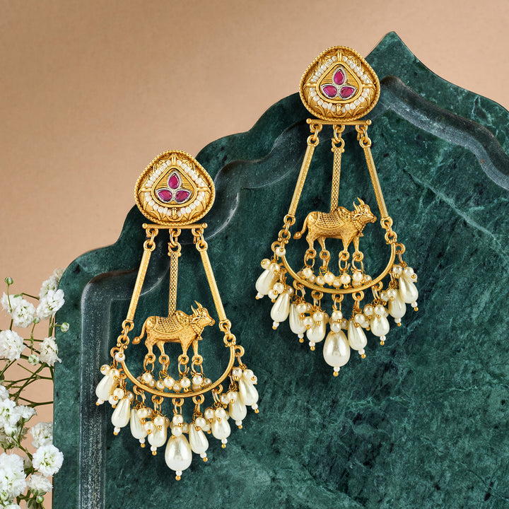 Teejh Bhuv Gold and Red Pearls Danglers