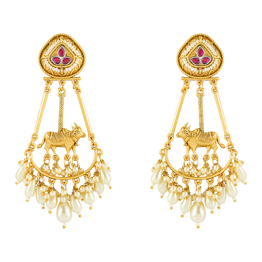 Teejh Bhuv Gold and Red Pearls Danglers