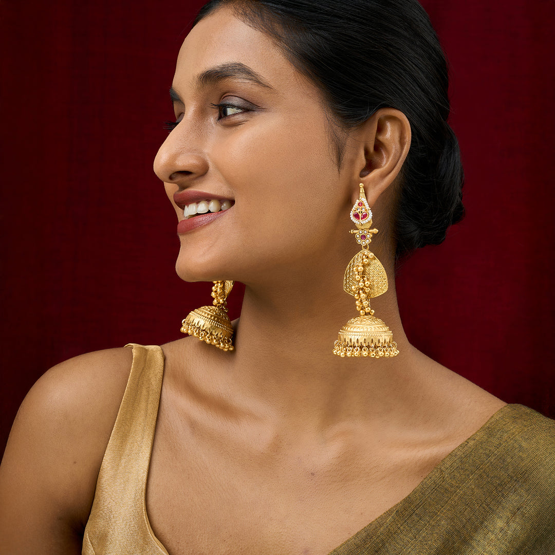 Teejh Dvi Gold Red Ghungroo Jhumkas