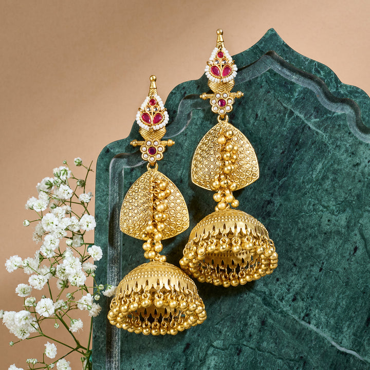 Teejh Dvi Gold Red Ghungroo Jhumkas