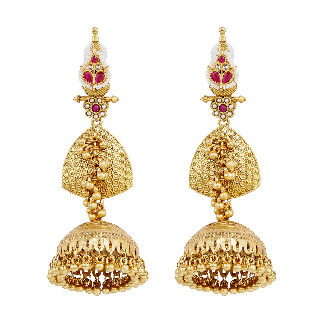 Teejh Dvi Gold Red Ghungroo Jhumkas