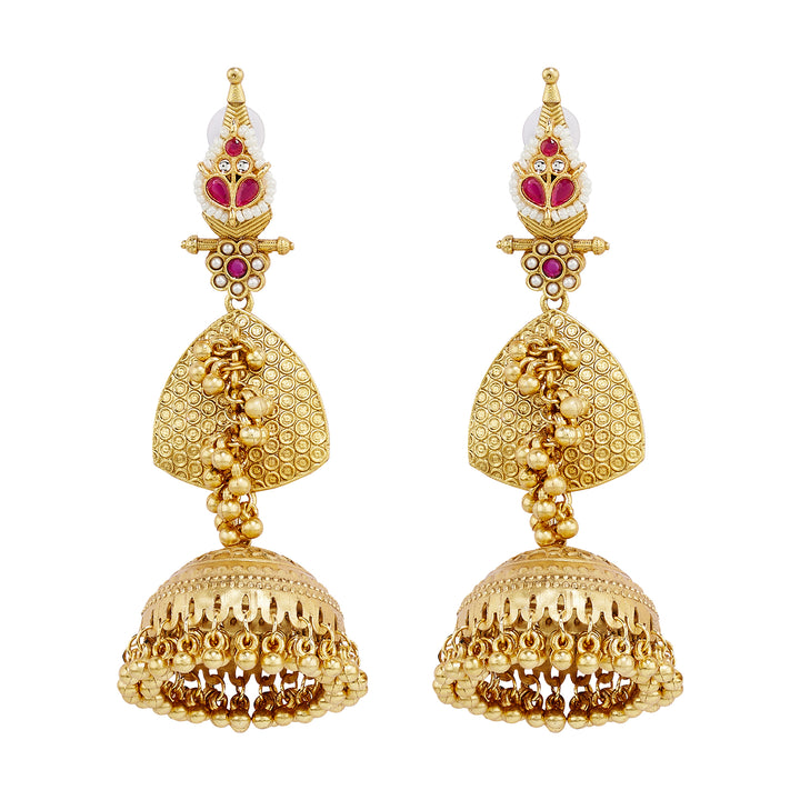 Teejh Dvi Gold Red Ghungroo Jhumkas