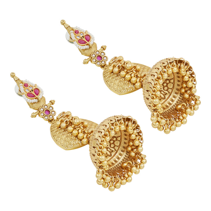 Teejh Dvi Gold Red Ghungroo Jhumkas