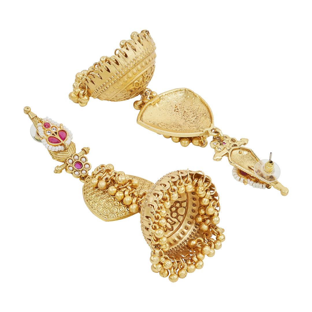 Teejh Dvi Gold Red Ghungroo Jhumkas