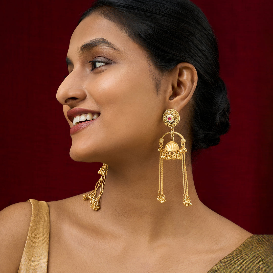 Teejh Dohra Gold and Red Ghungroo Jhumkas