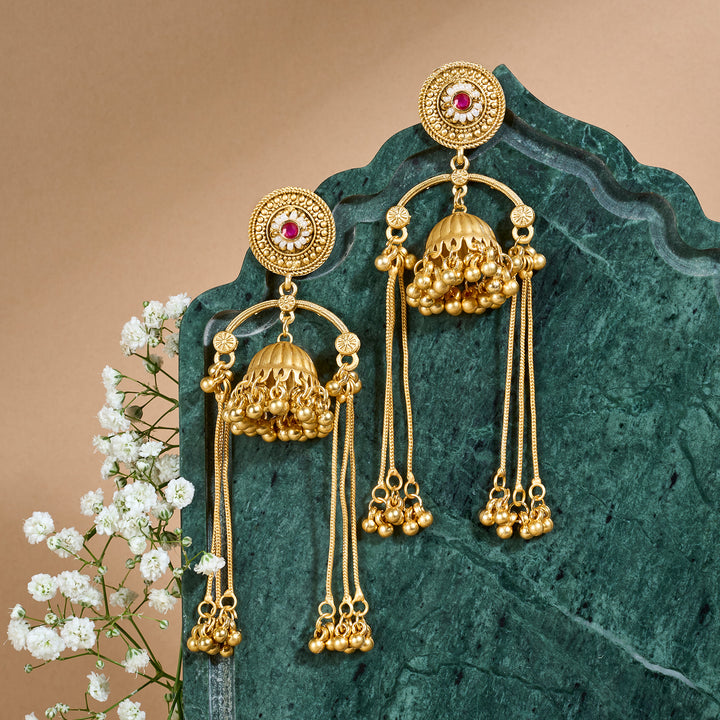 Teejh Dohra Gold and Red Ghungroo Jhumkas