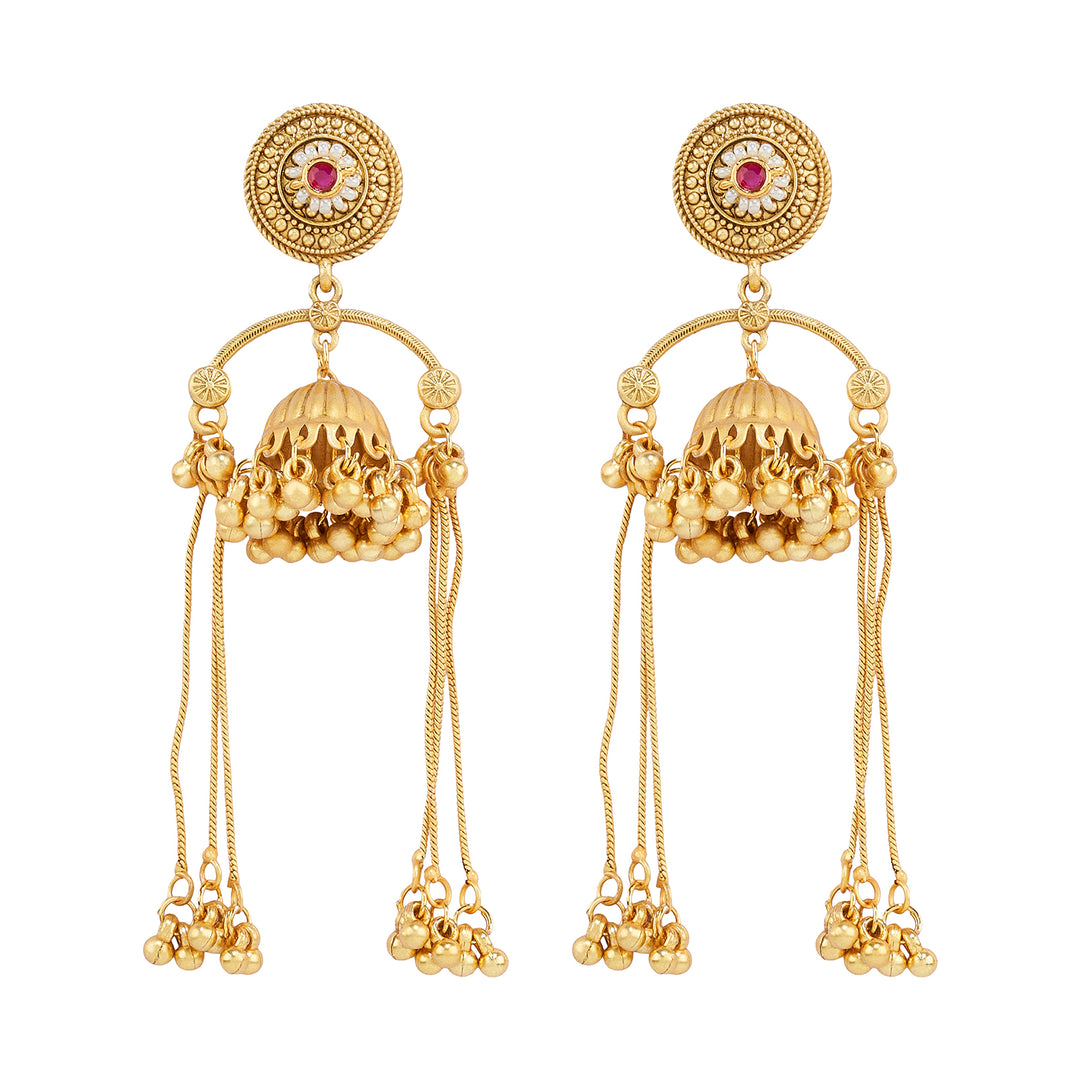 Teejh Dohra Gold and Red Ghungroo Jhumkas