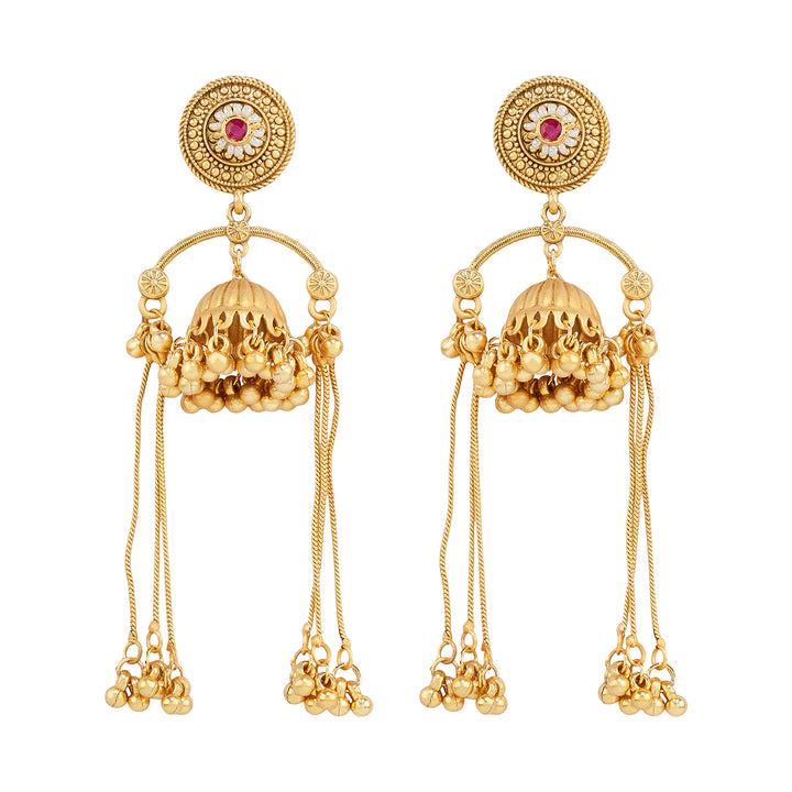 Teejh Dohra Gold and Red Ghungroo Jhumkas