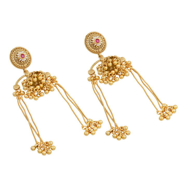 Teejh Dohra Gold and Red Ghungroo Jhumkas