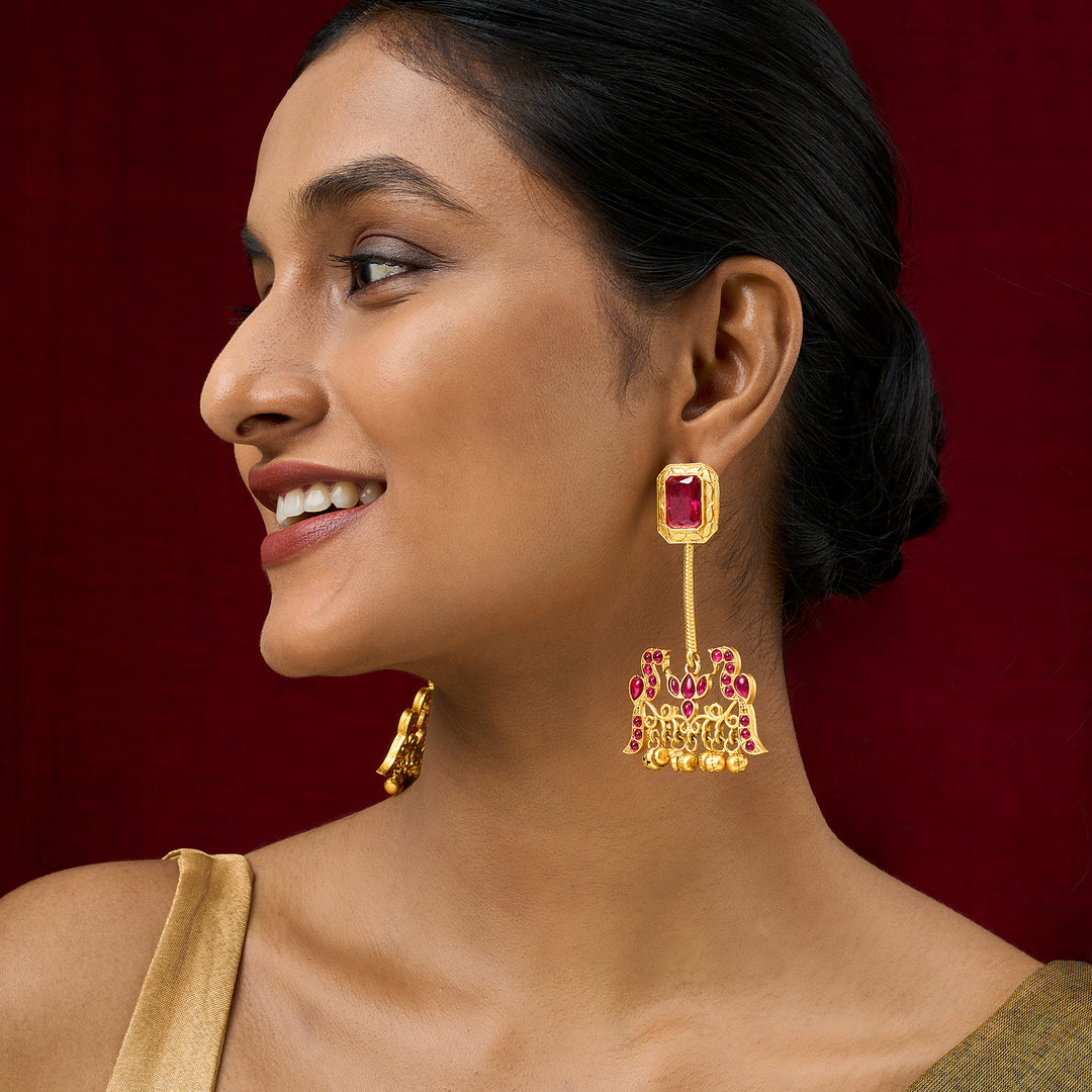 Teejh Diha Gold and Red Stones Jhumka