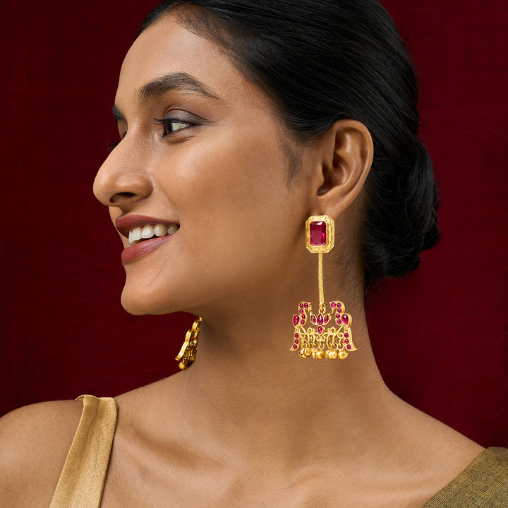 Teejh Diha Gold and Red Stones Jhumka